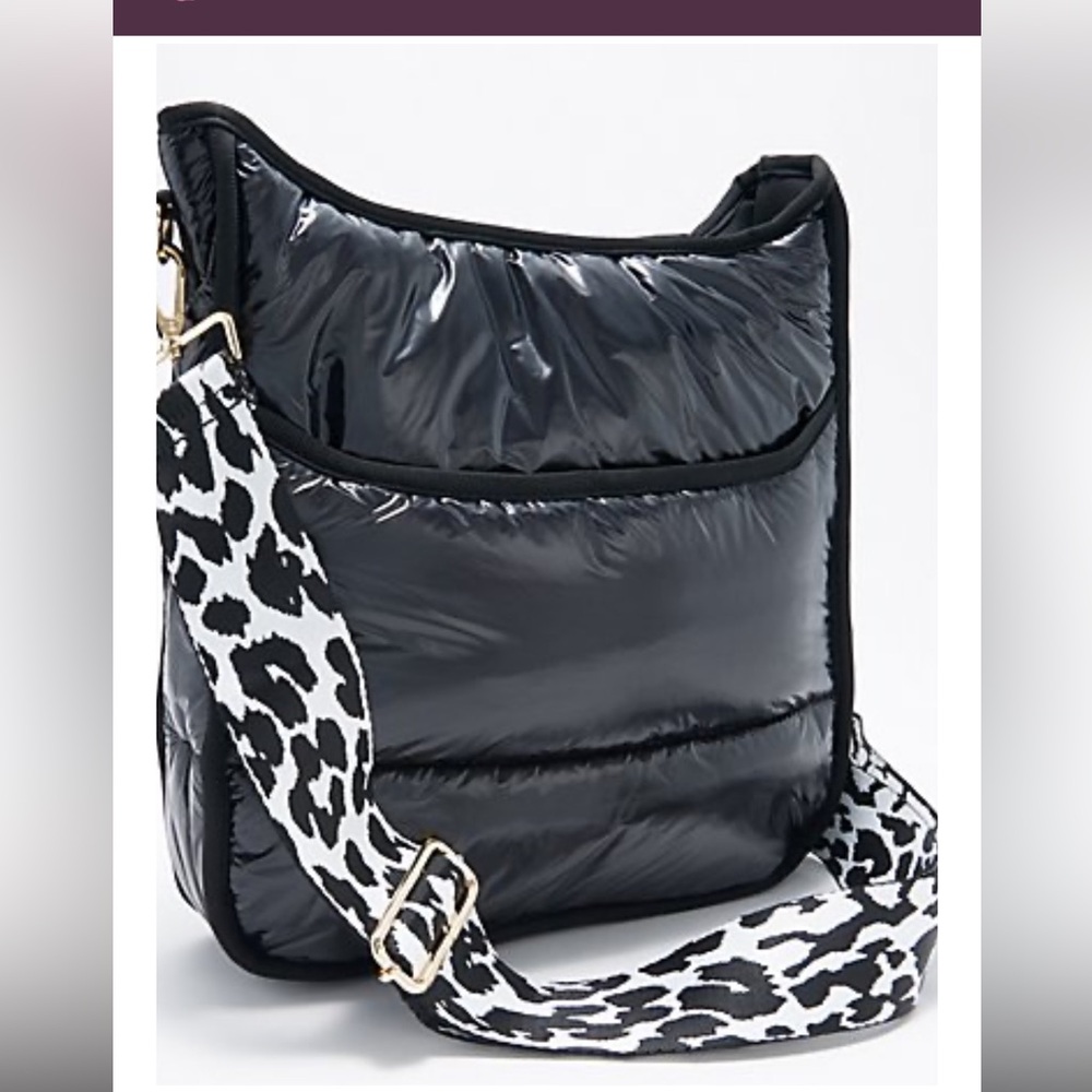 Sleek Black Puffer Crossbody Bag with Leopard Strap